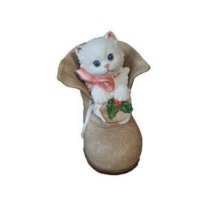 Enesco Ceramic Cat in Boot Christmas Holly White Kitten Vintage 1990 Holiday